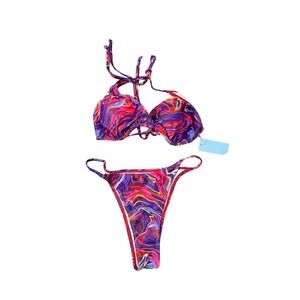 3‎ Piece Swimsuit Cover Up Set Halter Top Bikini Bottoms Purple L